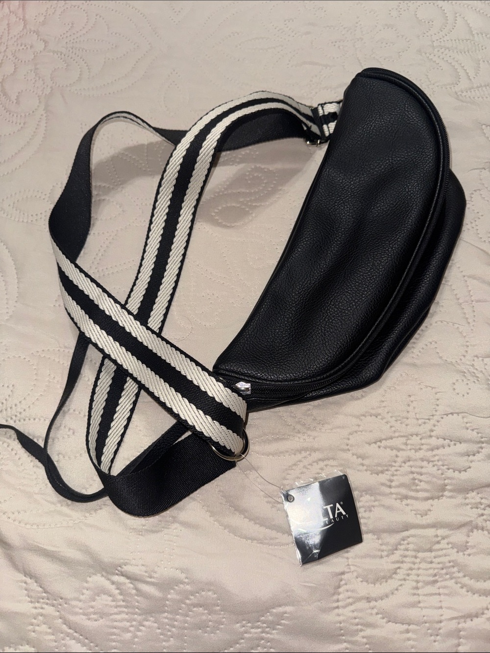 Ulta Beauty Black Crossbody Belt Bag with Black and White Strap